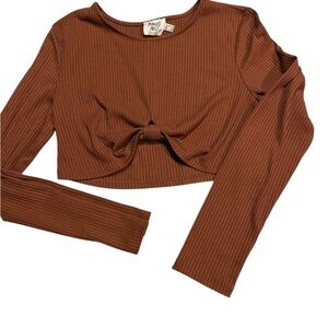 Princess Polly Brown Ribbed Tie Front Crop Blouse